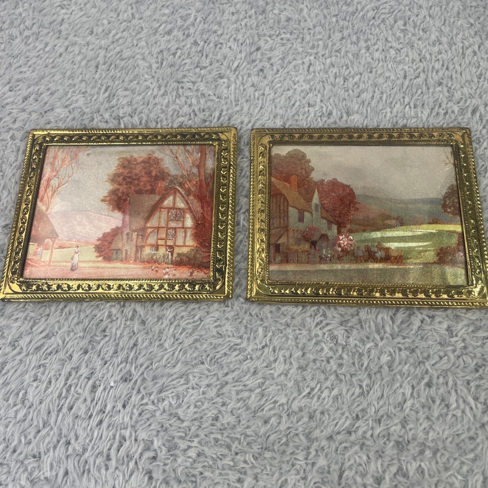 Vintage Miniature Foil Art Prints Pair Gold Ornate Brass Frames Cottagecore Art